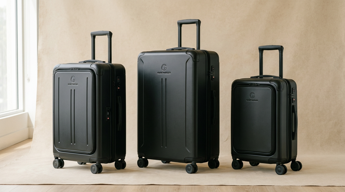Three black hard-shell suitcases with four wheels and extended handles in different sizes
