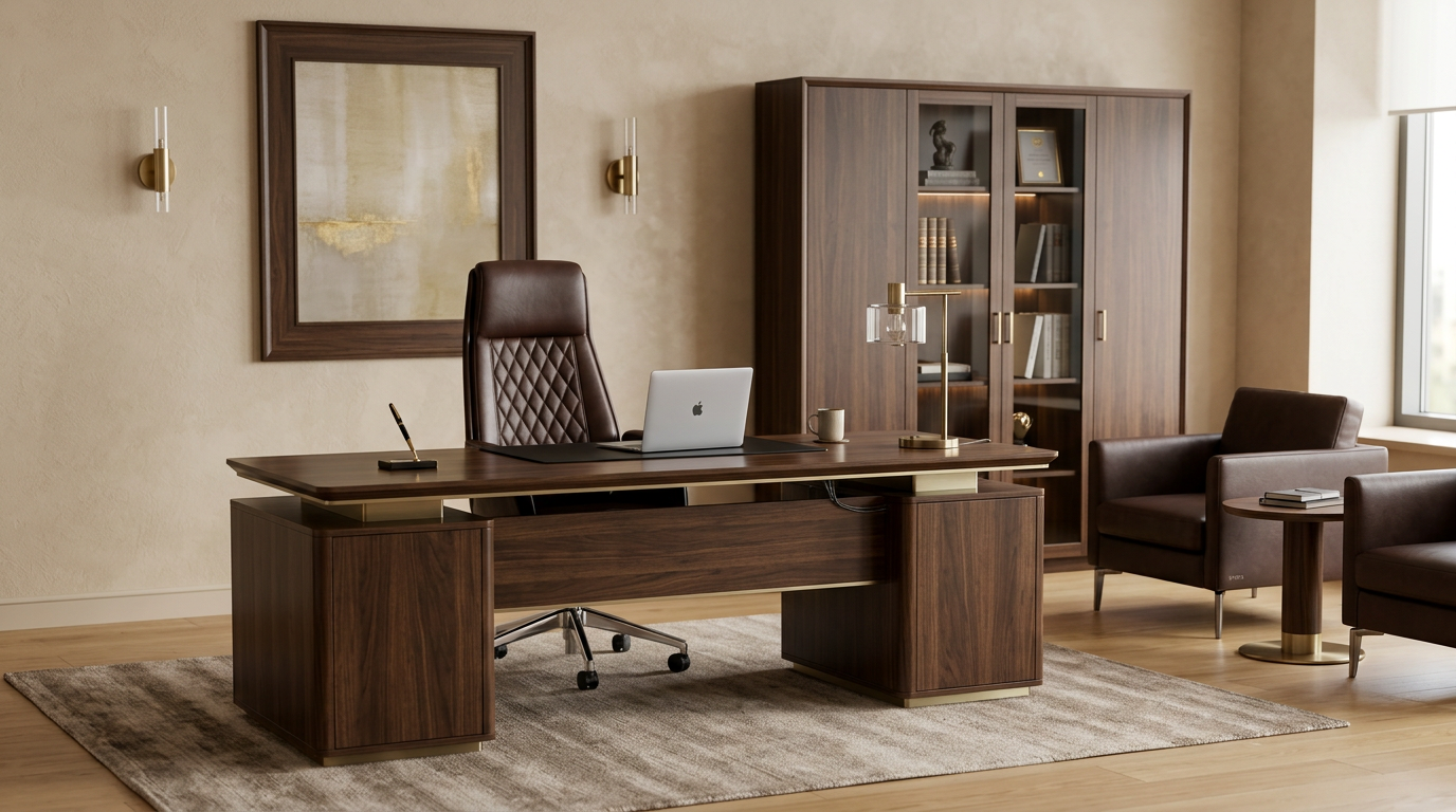 Executive office with wooden desk, brown leather chair, bookcase, and two armchairs